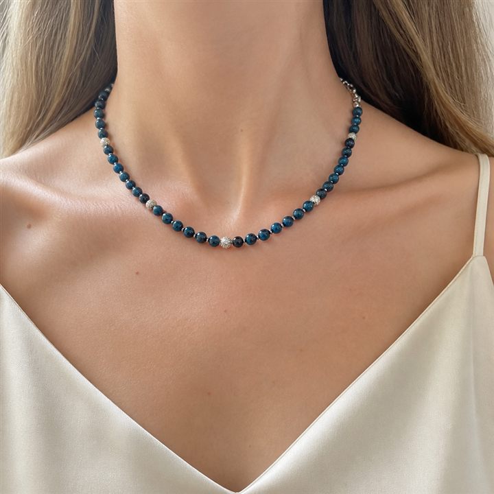 Collana LV Gioielli: pietre dure blu e nere, sfere argento