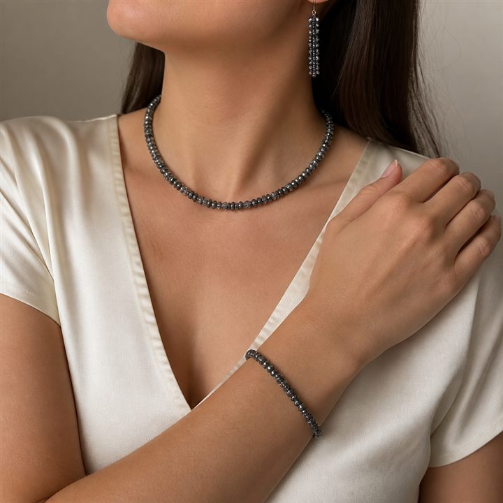Set LV Gioielli: perline sfaccettate grigie