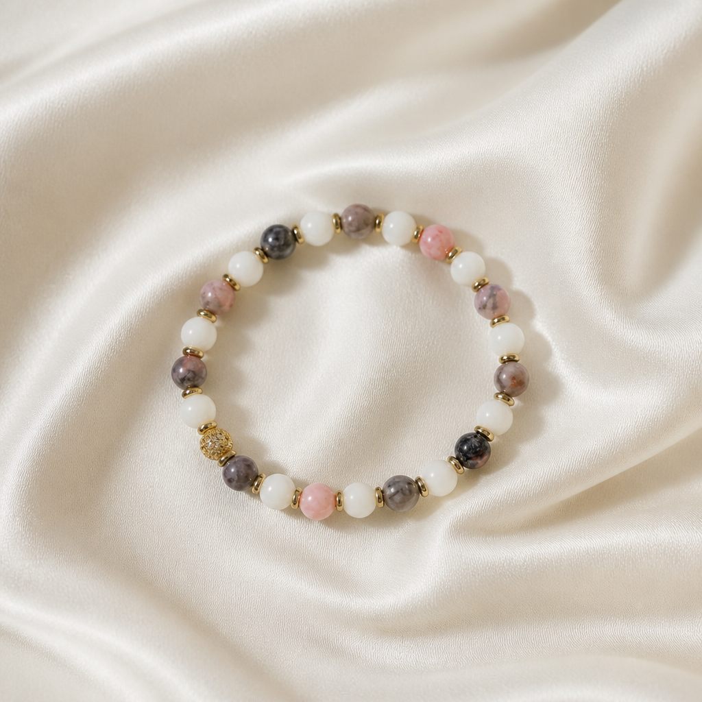 Bracciale a molla Nebbia rosa, bianco, rosa cipria, grigio, oro, foto 2 di 3