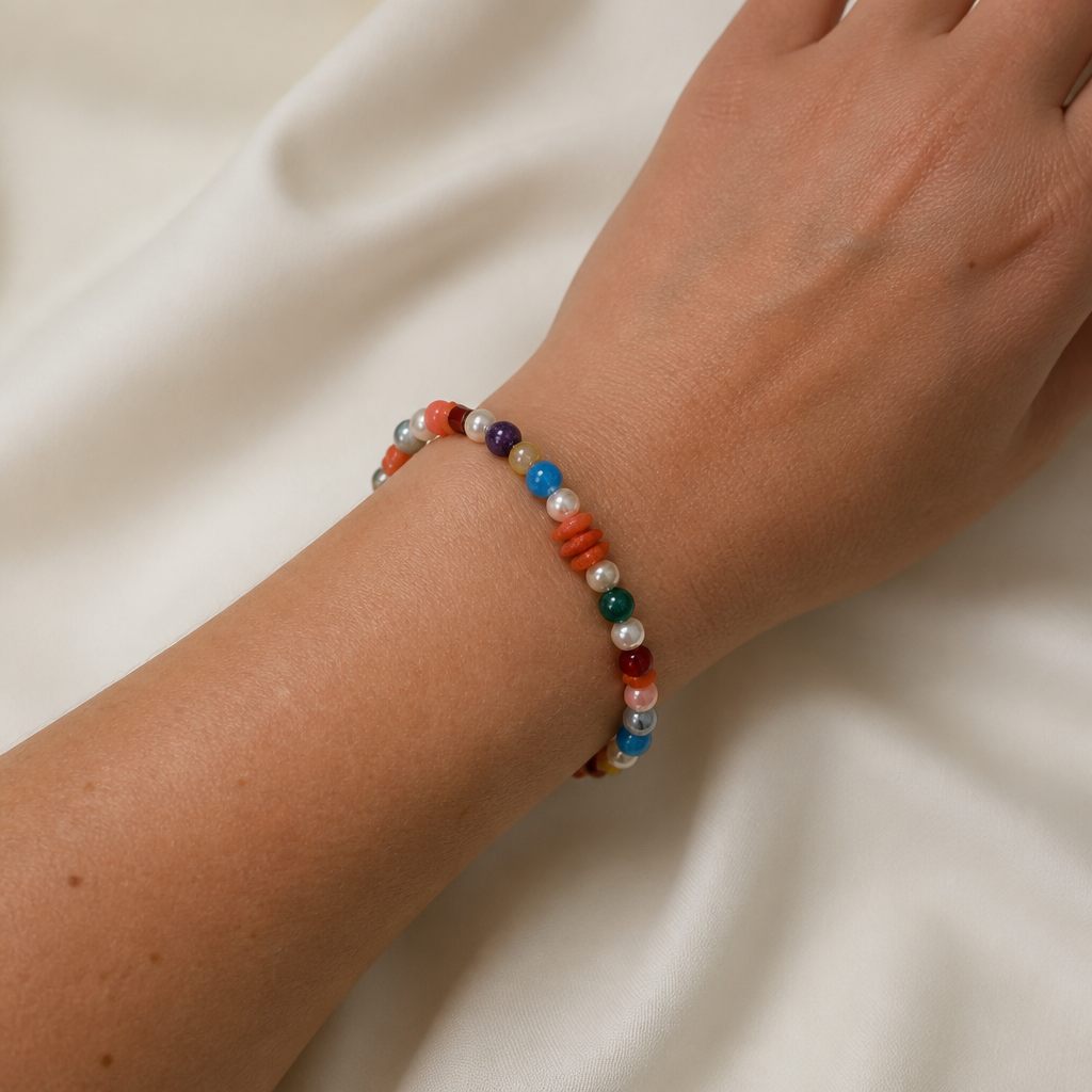 Bracciale con gancio Corallo boho, multicolor (arancio, rosa, blu, giallo, verde, viola, celeste, bianco), argento, foto 1 di 4