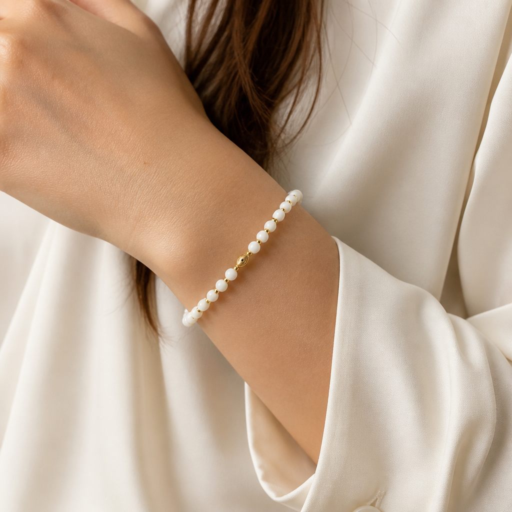 Bracciale a molla Occhio di perla, bianco, oro, foto 1 di 4