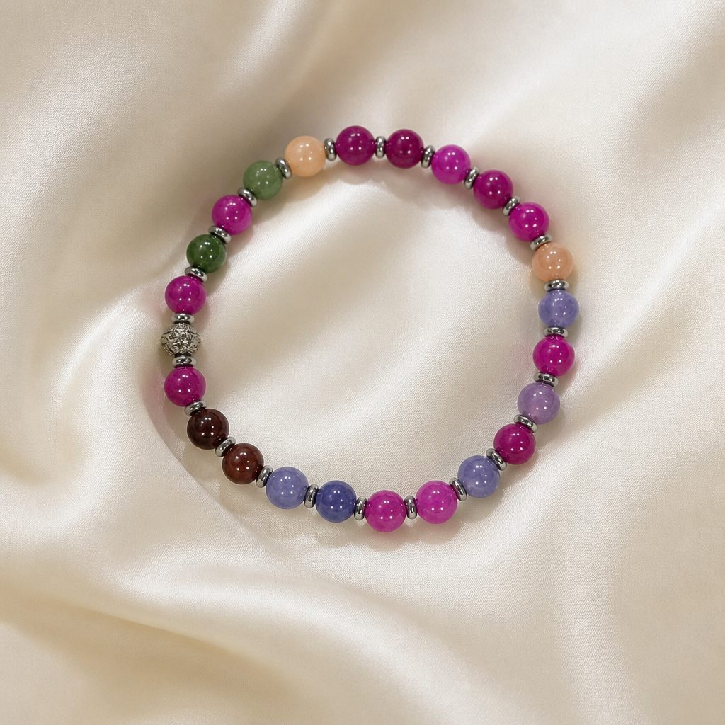 Bracciale a molla Giardino viola, fucsia, viola, verde, rosa cipria, azzurro, blu, marrone, argento, foto 2 di 3