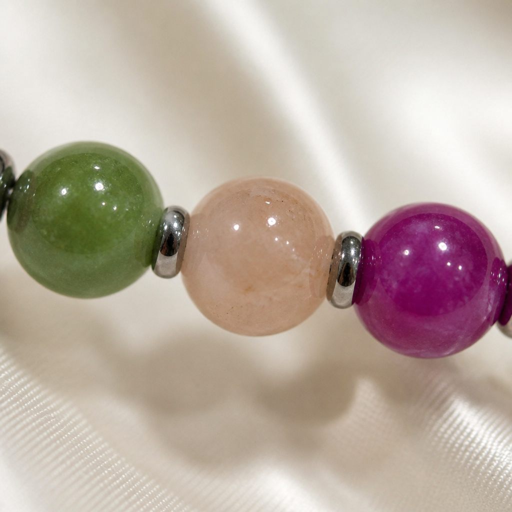 Bracciale a molla Giardino viola, fucsia, viola, verde, rosa cipria, azzurro, blu, marrone, argento, foto 3 di 3
