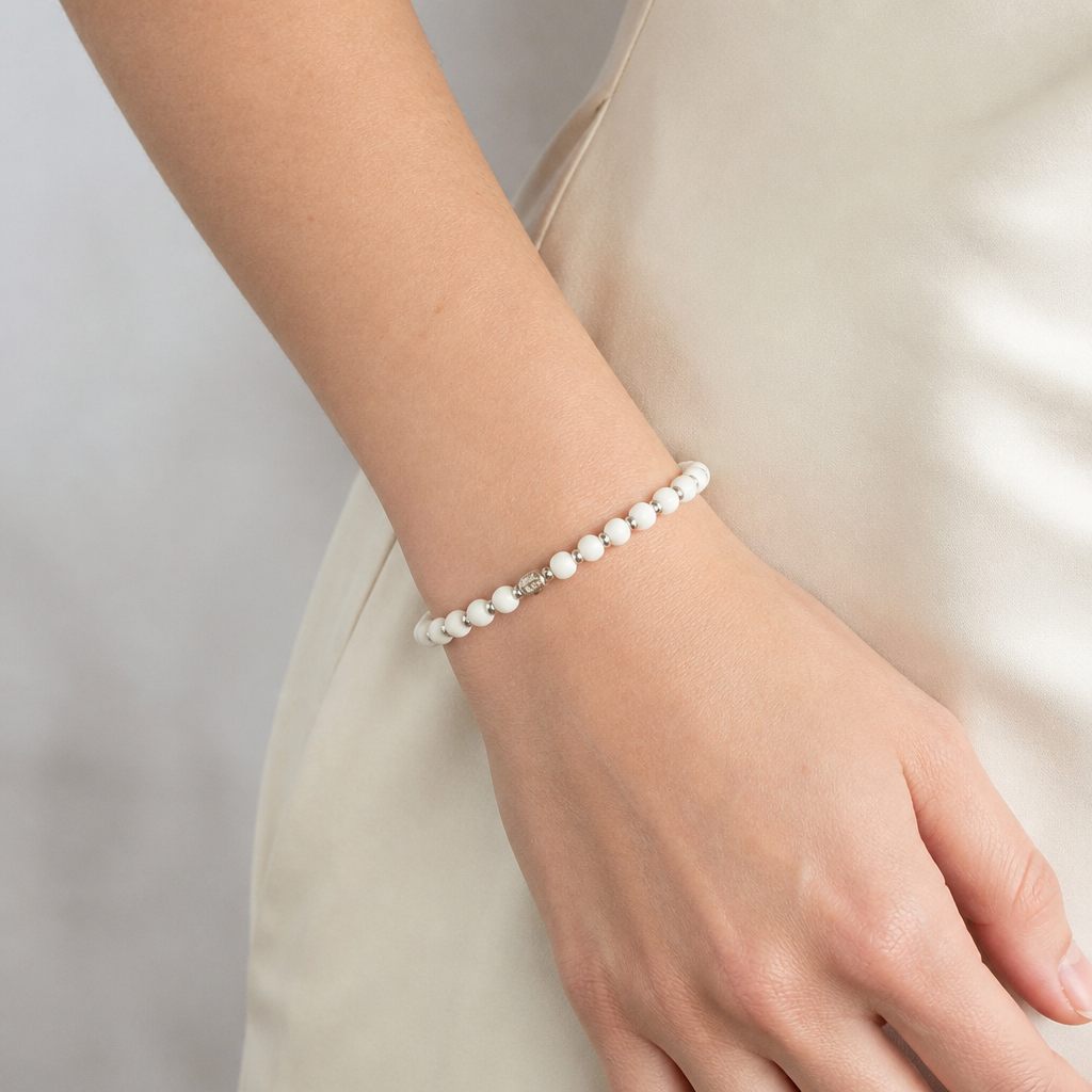 Bracciale a molla Perla e cristallo, bianco, argento, trasparente, foto 1 di 4