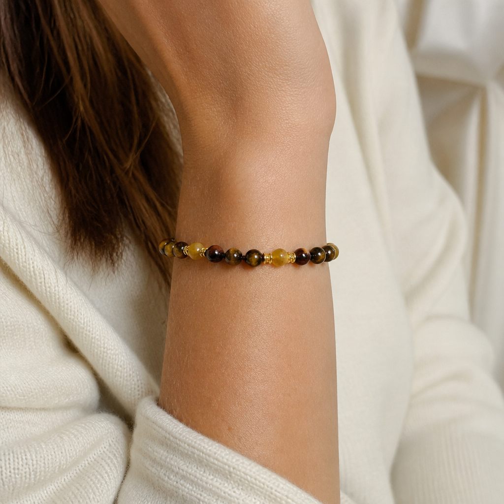 Bracciale a molla Occhio di tigre, marrone, ambra, giallo oro, nero, oro, foto 1 di 4