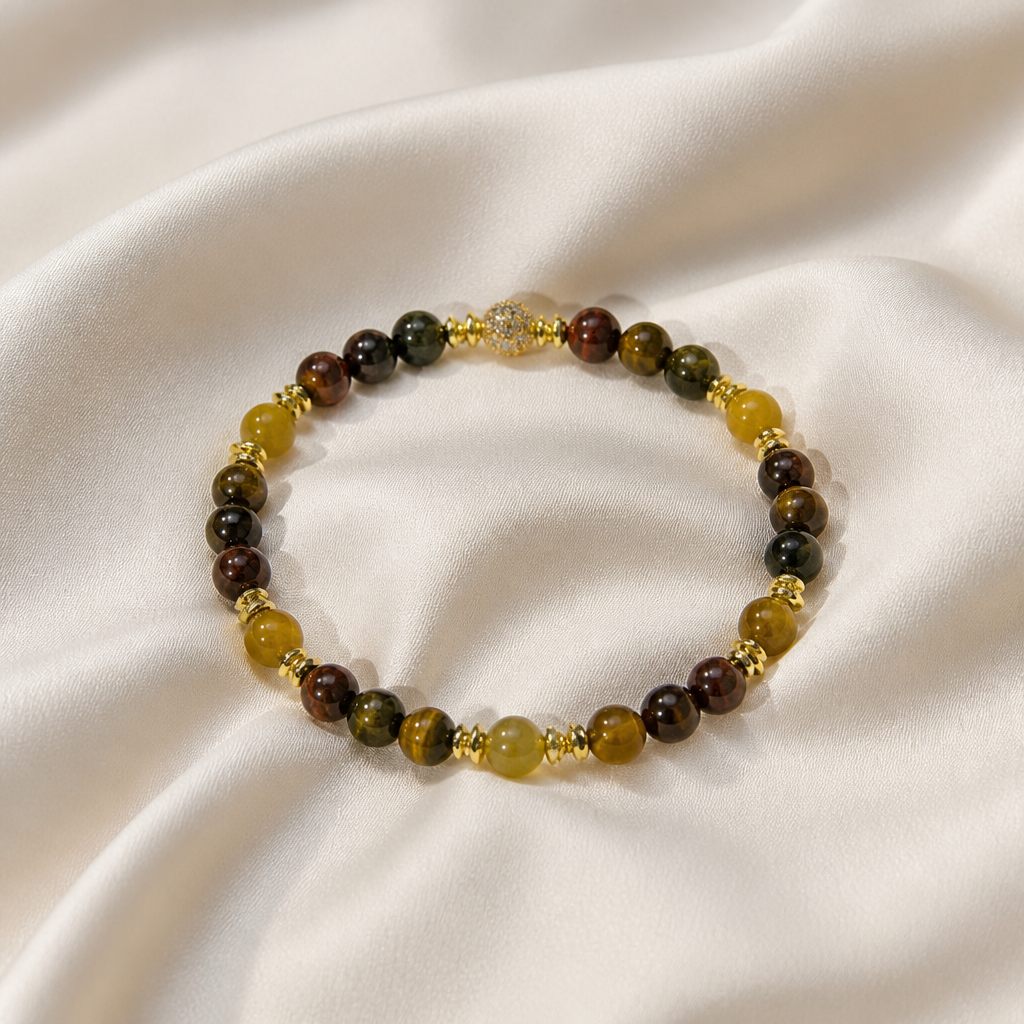 Bracciale a molla Occhio di tigre, marrone, ambra, giallo oro, nero, oro, foto 2 di 4
