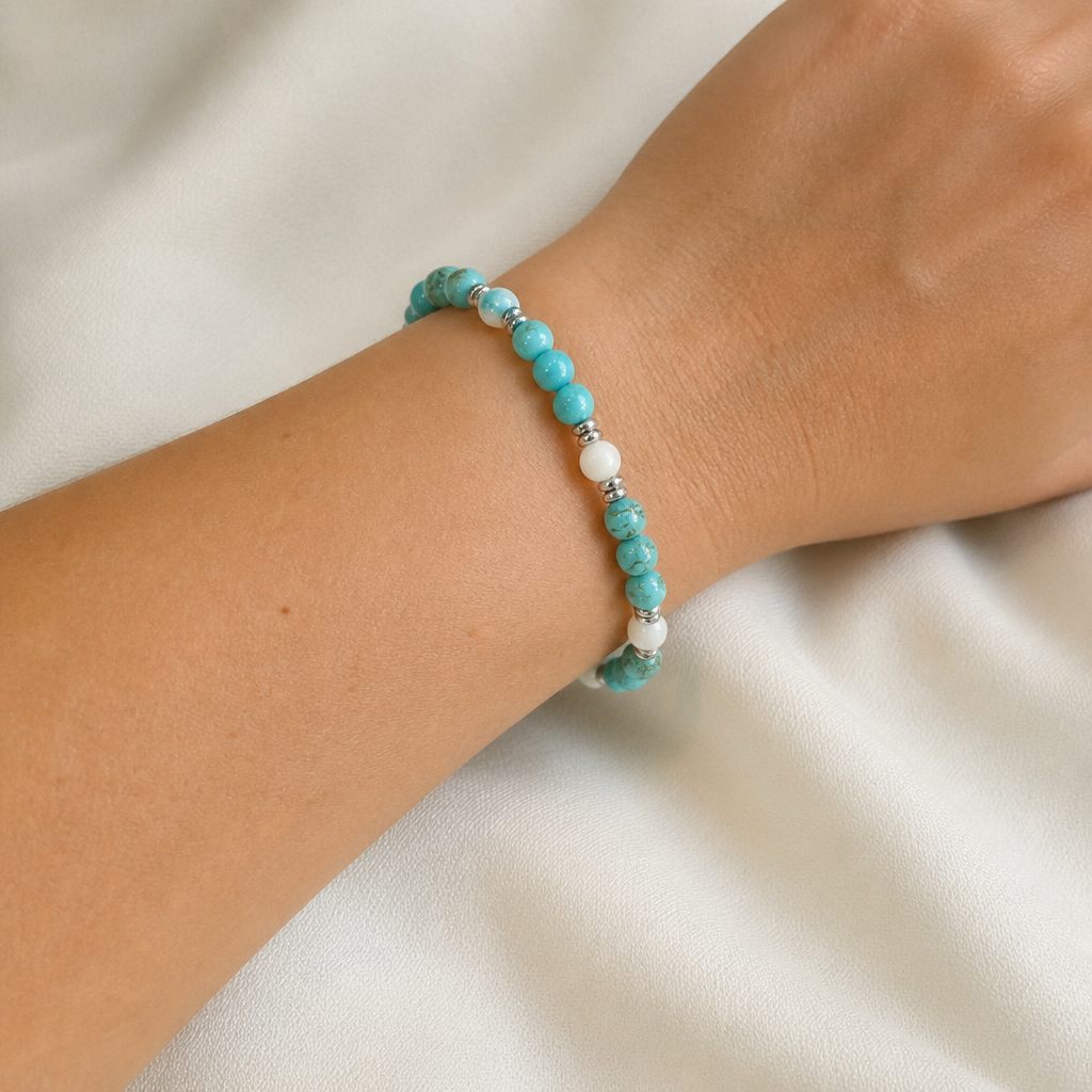 Bracciale a molla Turchese e neve, turchese, bianco, argento, foto 1 di 4