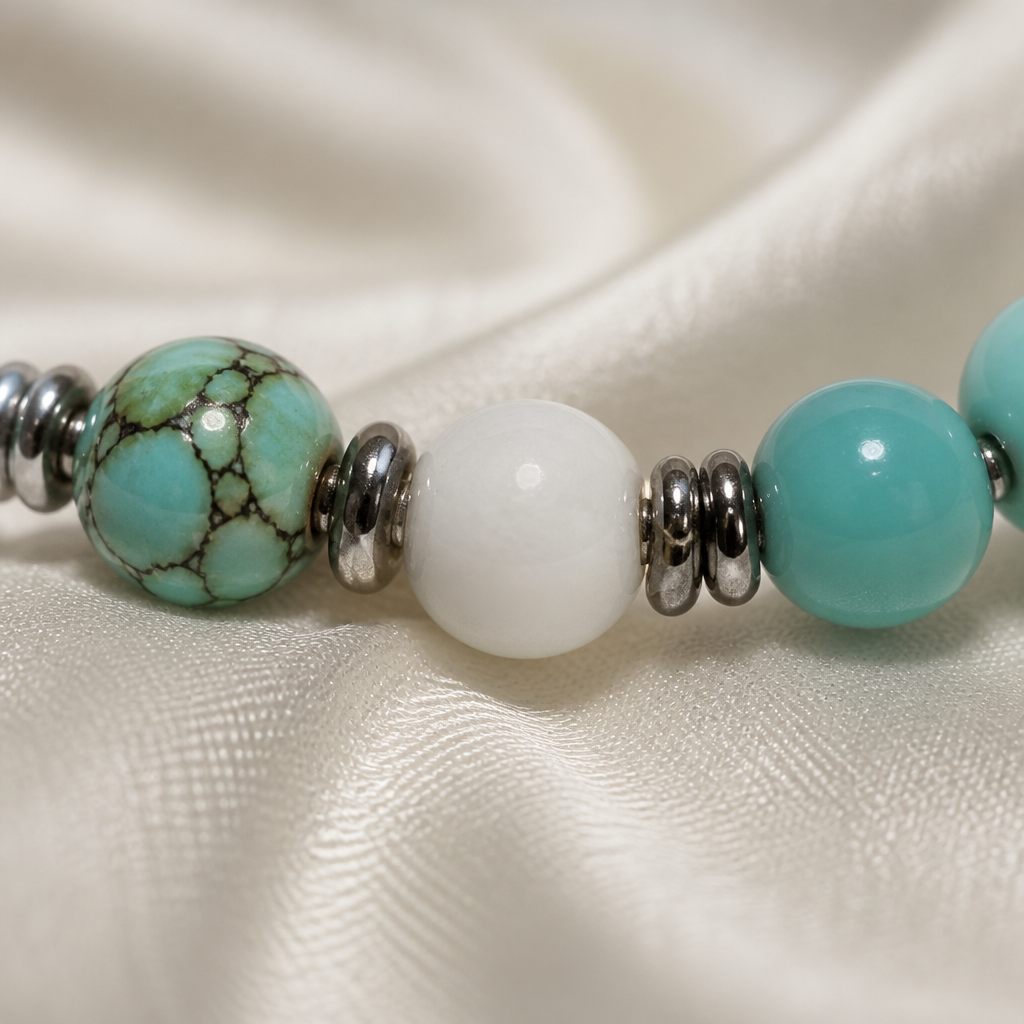 Bracciale a molla Turchese e neve, turchese, bianco, argento, foto 3 di 4