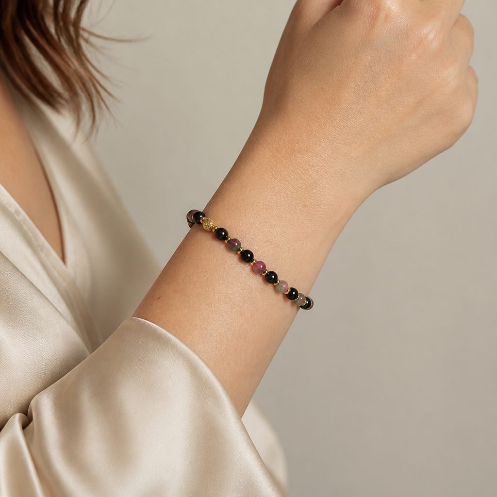 Bracciale a molla Onice e colori, nero, rosa, verde, viola, oro, foto 1 di 4