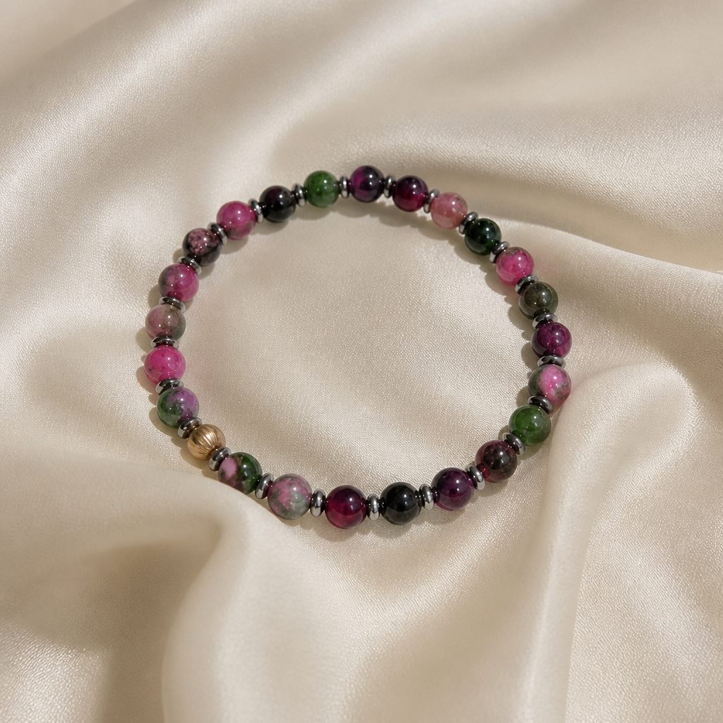 Bracciale a molla Bacca selvatica, rosa, verde, viola, nero, argento, oro satinato, foto 2 di 3
