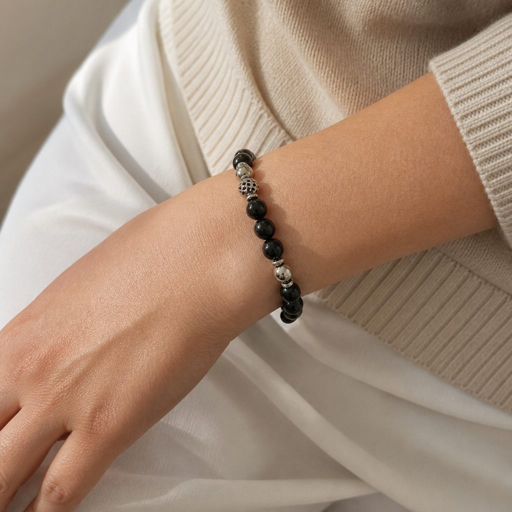 Bracciale a molla Nero lucido, nero, argento, foto 1 di 4