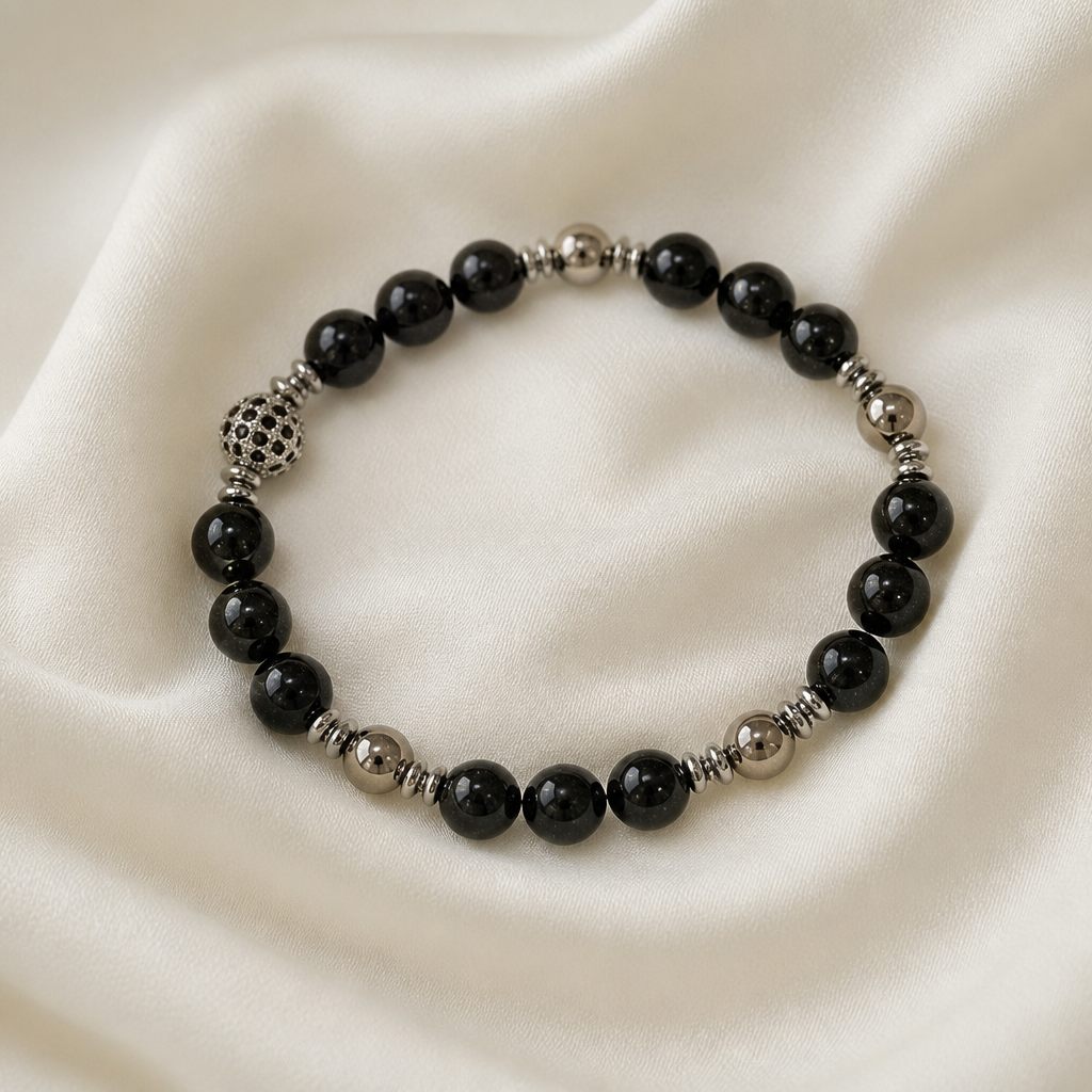 Bracciale a molla Nero lucido, nero, argento, foto 2 di 4
