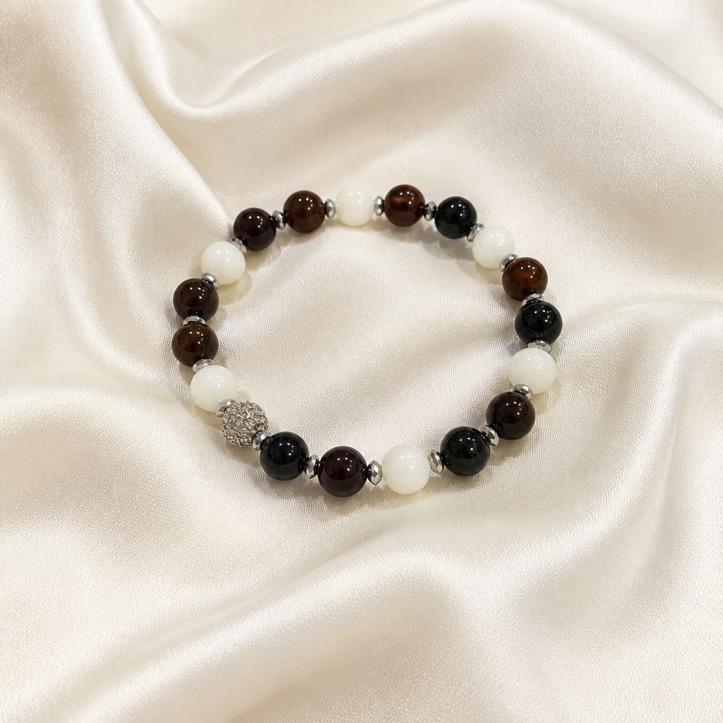 Bracciale a molla Cacao e latte, marrone scuro, bianco sporco, nero, argento, foto 2 di 4
