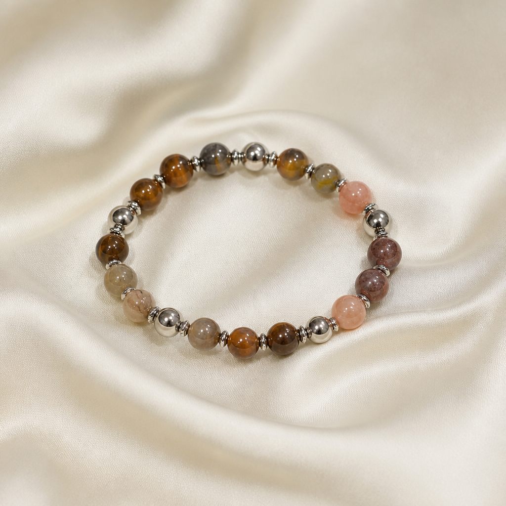 Bracciale a molla Pesca e terra, marrone, rosa pesca, beige, grigio, argento, foto 2 di 3