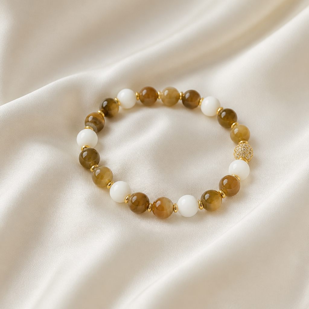 Bracciale a molla Miele, miele, ambra, bianco, oro, foto 2 di 4