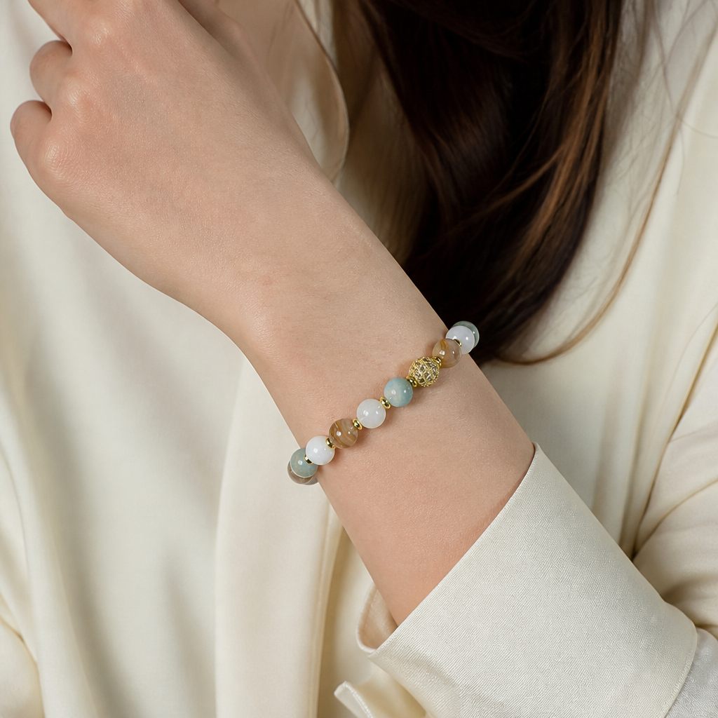Bracciale a molla Acqua e cipria, azzurro acqua, rosa cipria, bianco, beige, oro, foto 1 di 4