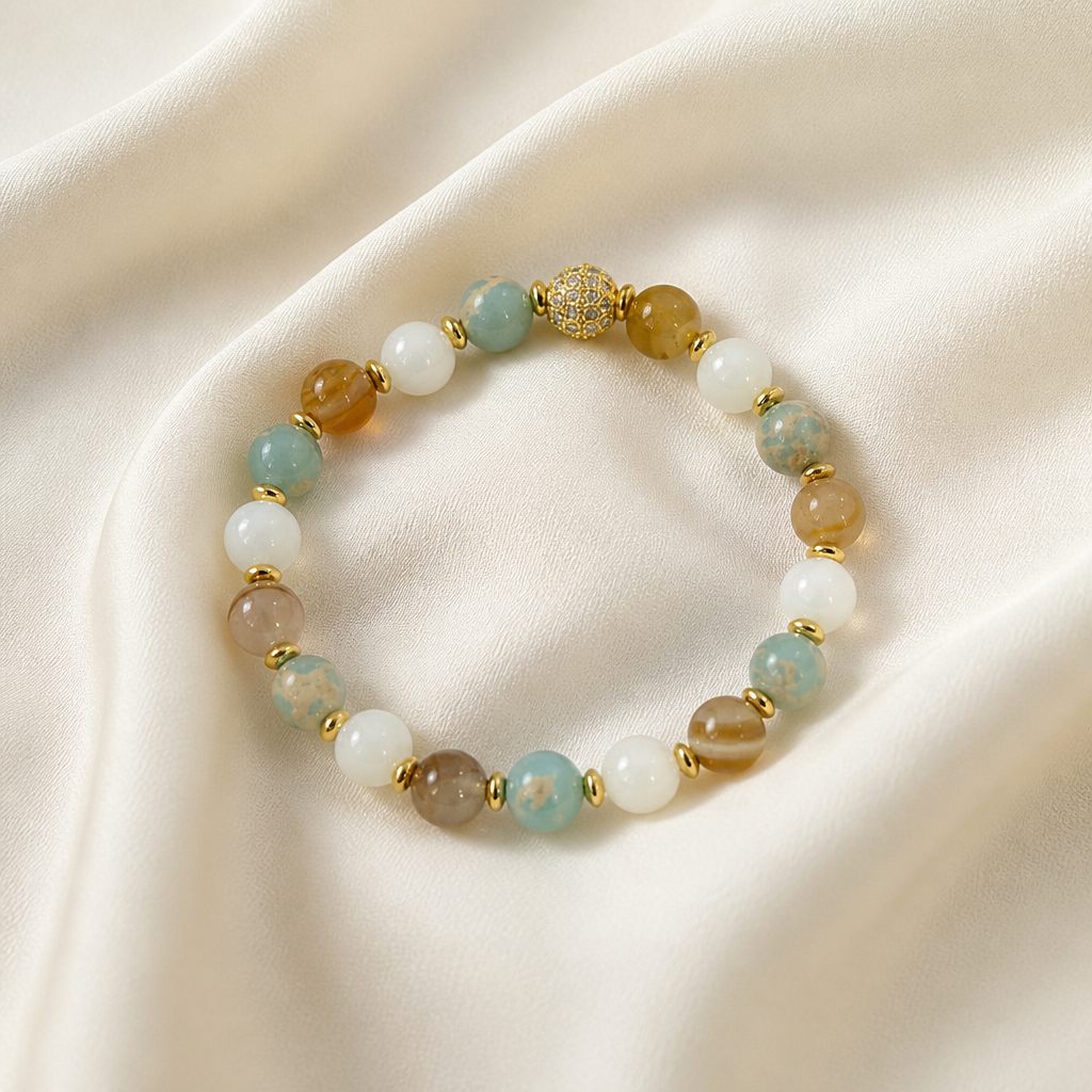 Bracciale a molla Acqua e cipria, azzurro acqua, rosa cipria, bianco, beige, oro, foto 2 di 4