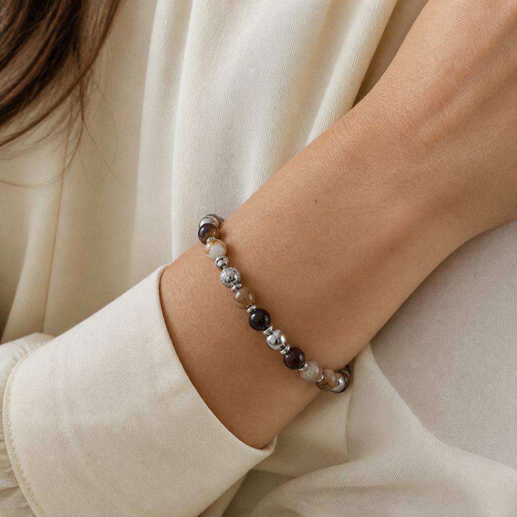 Bracciale a molla Agata striata, marrone, beige, nero, bianco, argento, foto 1 di 3