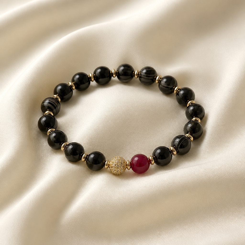 Bracciale a molla Nero e rubino, nero, rosso/bordeaux, oro, foto 2 di 3
