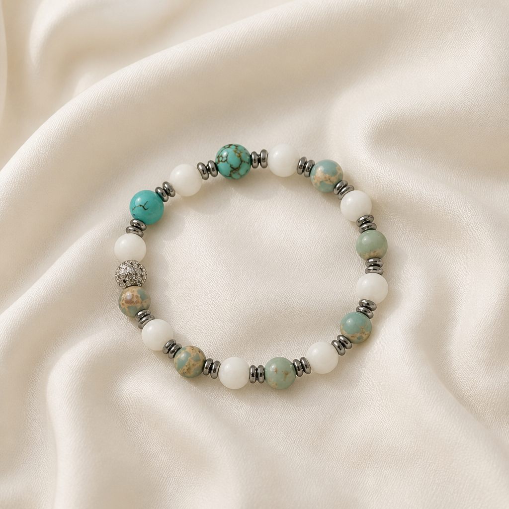 Bracciale a molla Mare chiaro, bianco, turchese, argento, foto 2 di 3