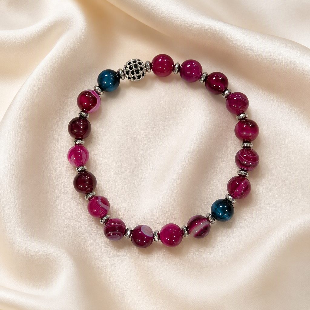 Bracciale a molla Fucsia e bordeaux, fucsia, bordeaux, blu petrolio, argento, foto 2 di 4