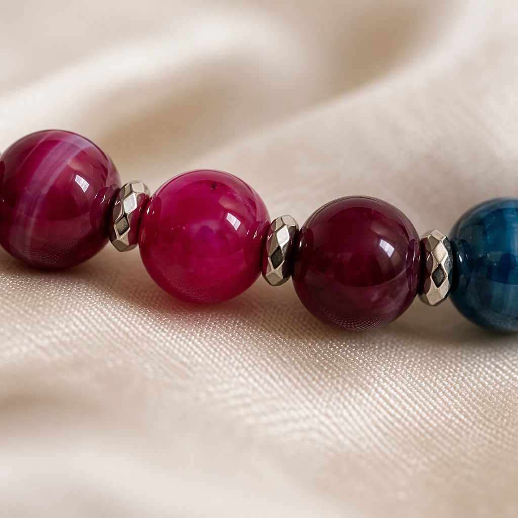 Bracciale a molla Fucsia e bordeaux, fucsia, bordeaux, blu petrolio, argento, foto 3 di 4