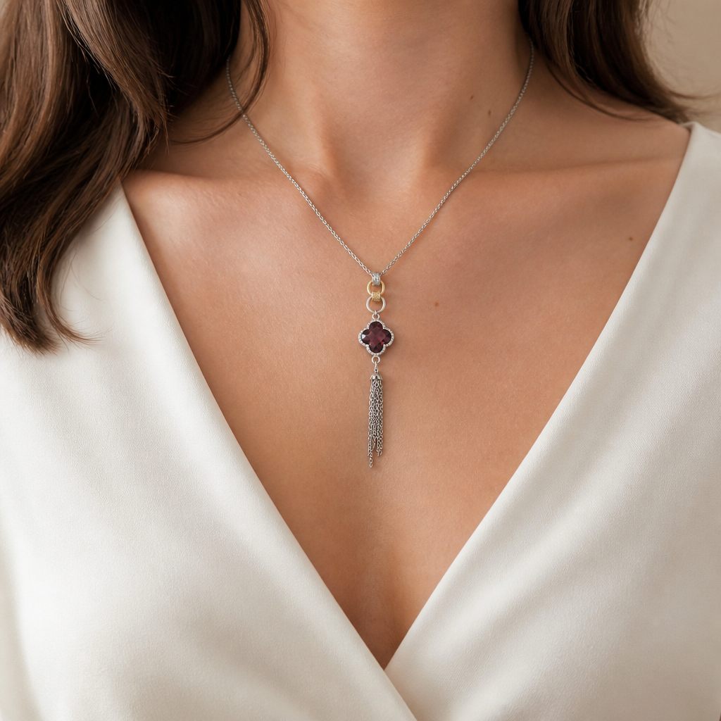 Collana Quadrifoglio bordeaux, argento, bordeaux, viola scuro, oro chiaro sui raccordi, foto 1 di 4