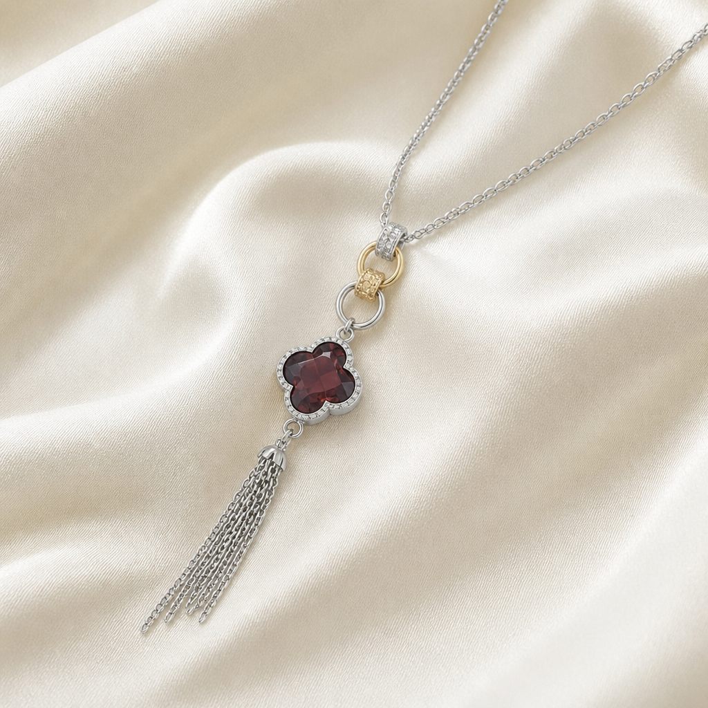 Collana Quadrifoglio bordeaux, argento, bordeaux, viola scuro, oro chiaro sui raccordi, foto 2 di 4