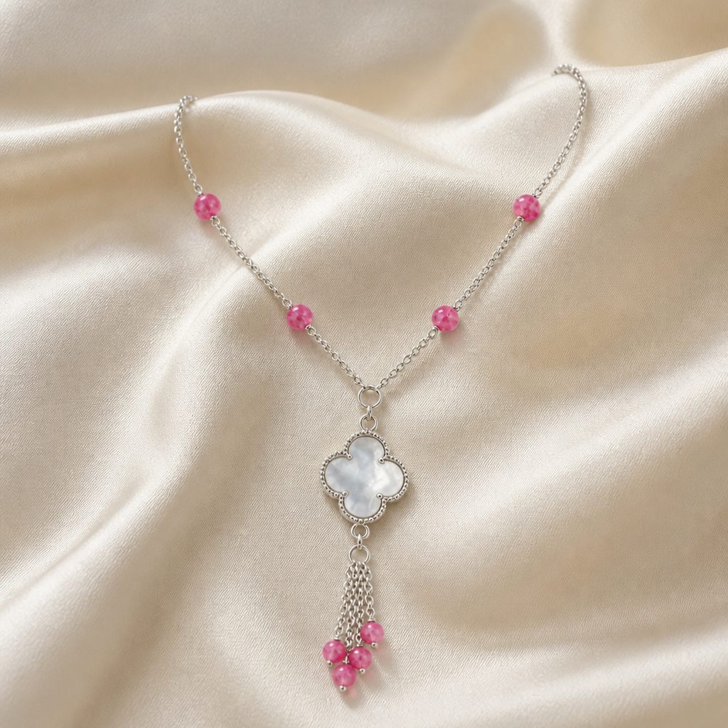 Collana Quadrifoglio rosa, argento, rosa, bianco madreperla, foto 2 di 4