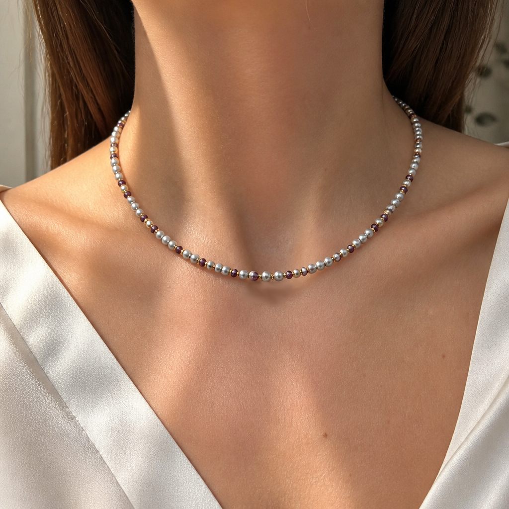 Collana Perla grigia, grigio perla, oro, viola, foto 1 di 4