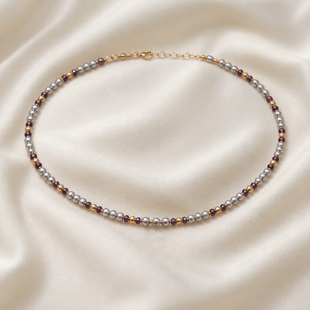 Collana Perla grigia, grigio perla, oro, viola, foto 2 di 4