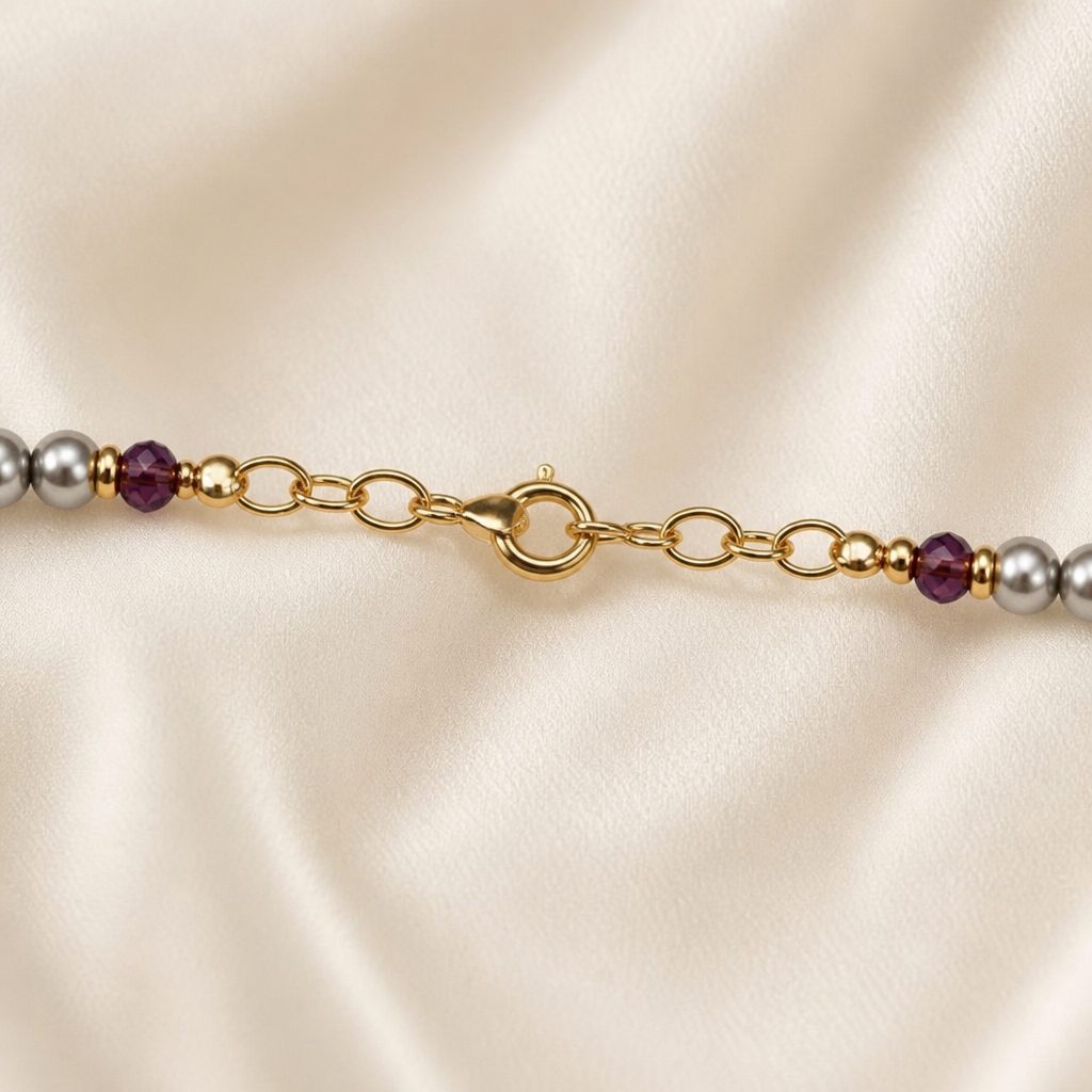 Collana Perla grigia, grigio perla, oro, viola, foto 4 di 4