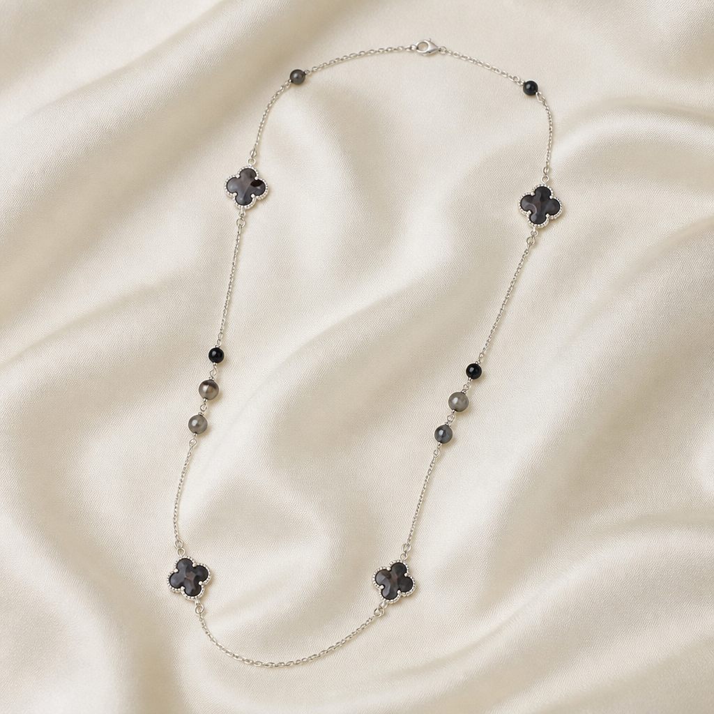 Collana Quadrifogli neri, argento, nero, grigio, foto 2 di 4