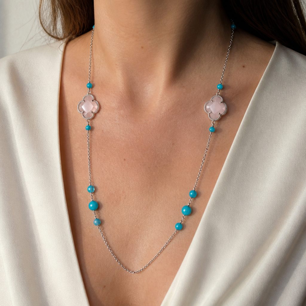Collana Turchese lunga, argento, bianco, turchese, azzurro, foto 1 di 4