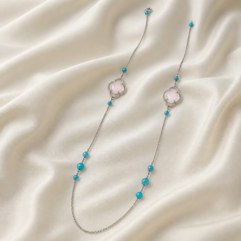 Collana Turchese lunga, argento, bianco, turchese, azzurro, foto 2 di 4