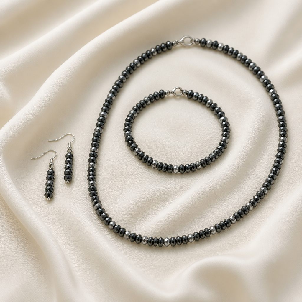 Set collana, bracciale e orecchini Ematite, grigio, nero, argento, foto 2 di 5