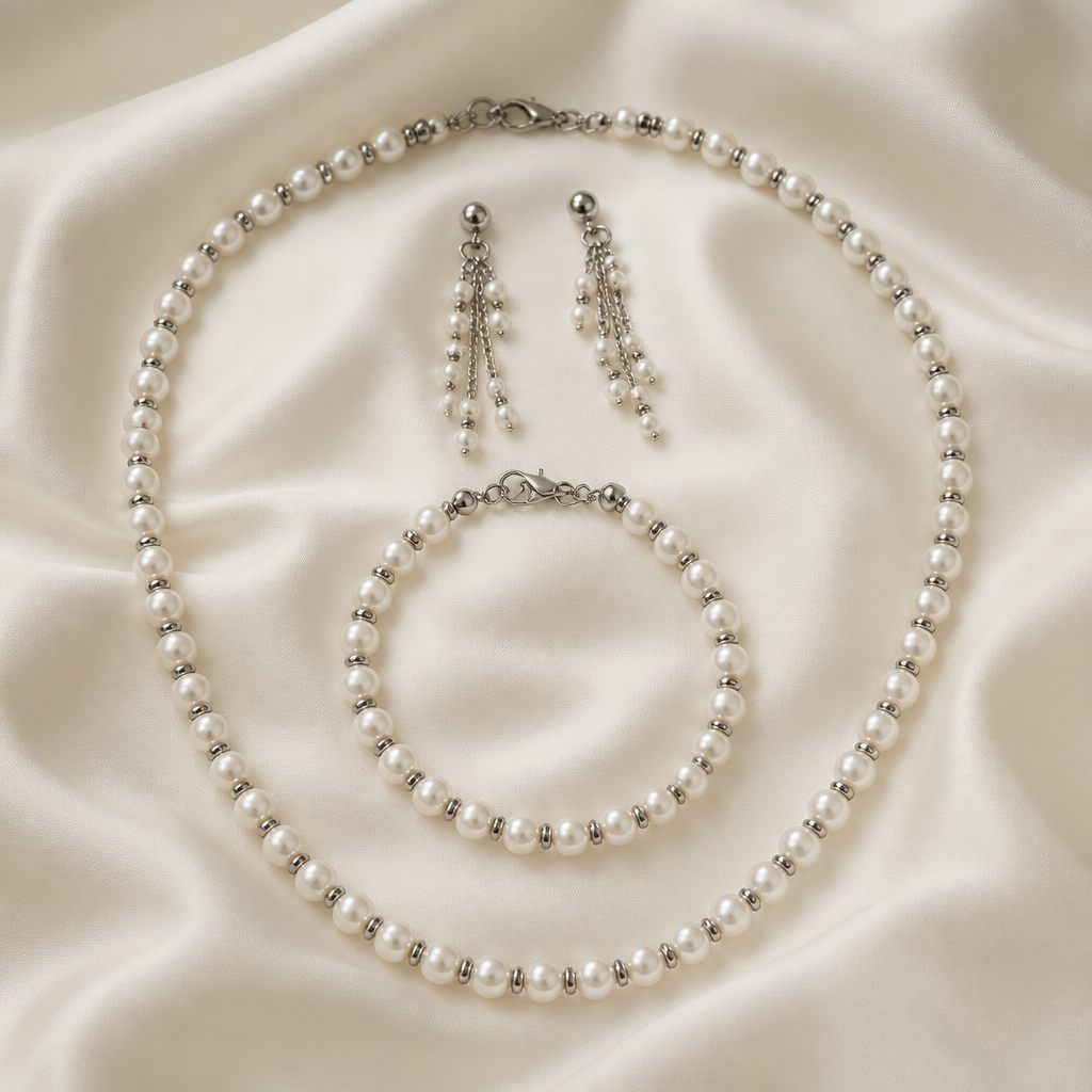 Set collana, bracciale e orecchini Perle e fumo, bianco, grigio, argento, foto 2 di 5