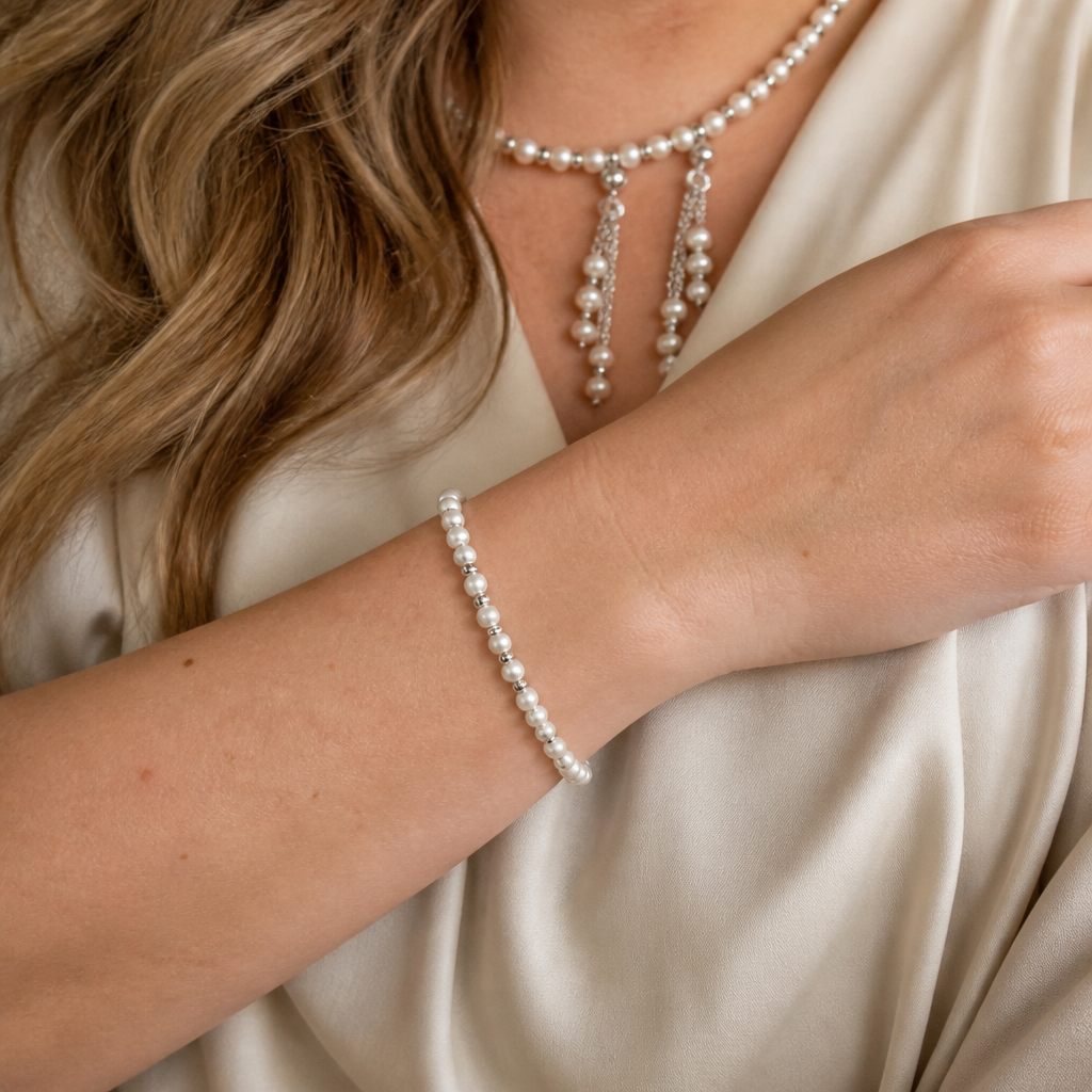 Set collana, bracciale e orecchini Perle e fumo, bianco, grigio, argento, foto 5 di 5