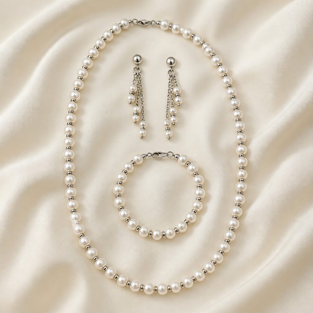 Set collana e orecchini Perla classica, bianco, argento, foto 2 di 5