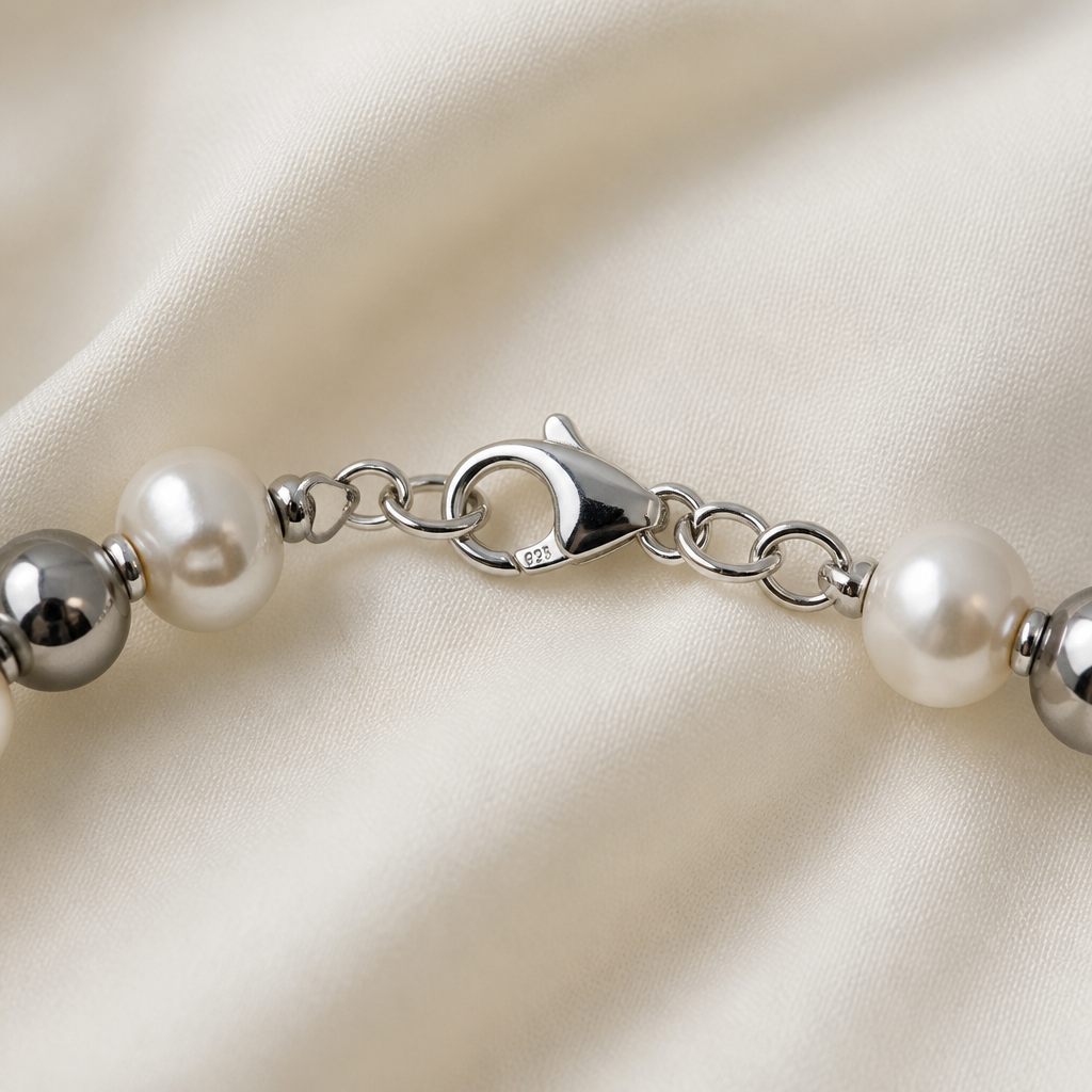 Set collana e orecchini Perla classica, bianco, argento, foto 4 di 5