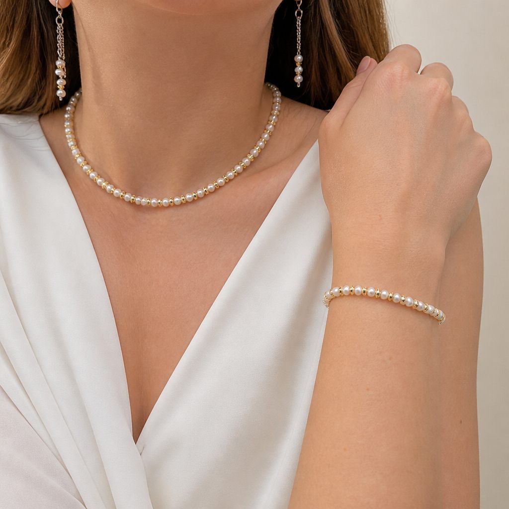 Set collana, bracciale e orecchini Perla e oro, bianco perla, oro, argento, foto 1 di 5