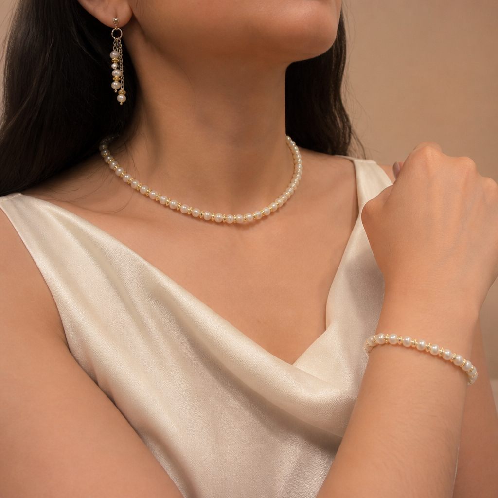 Set collana, bracciale e orecchini Perla d'avorio, bianco perla, oro, argento, foto 1 di 5