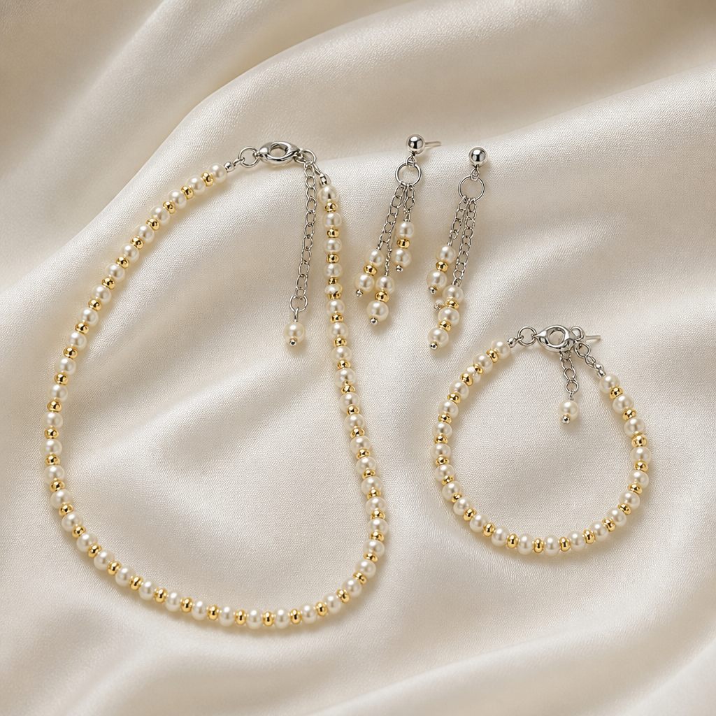 Set collana, bracciale e orecchini Perla d'avorio, bianco perla, oro, argento, foto 2 di 5