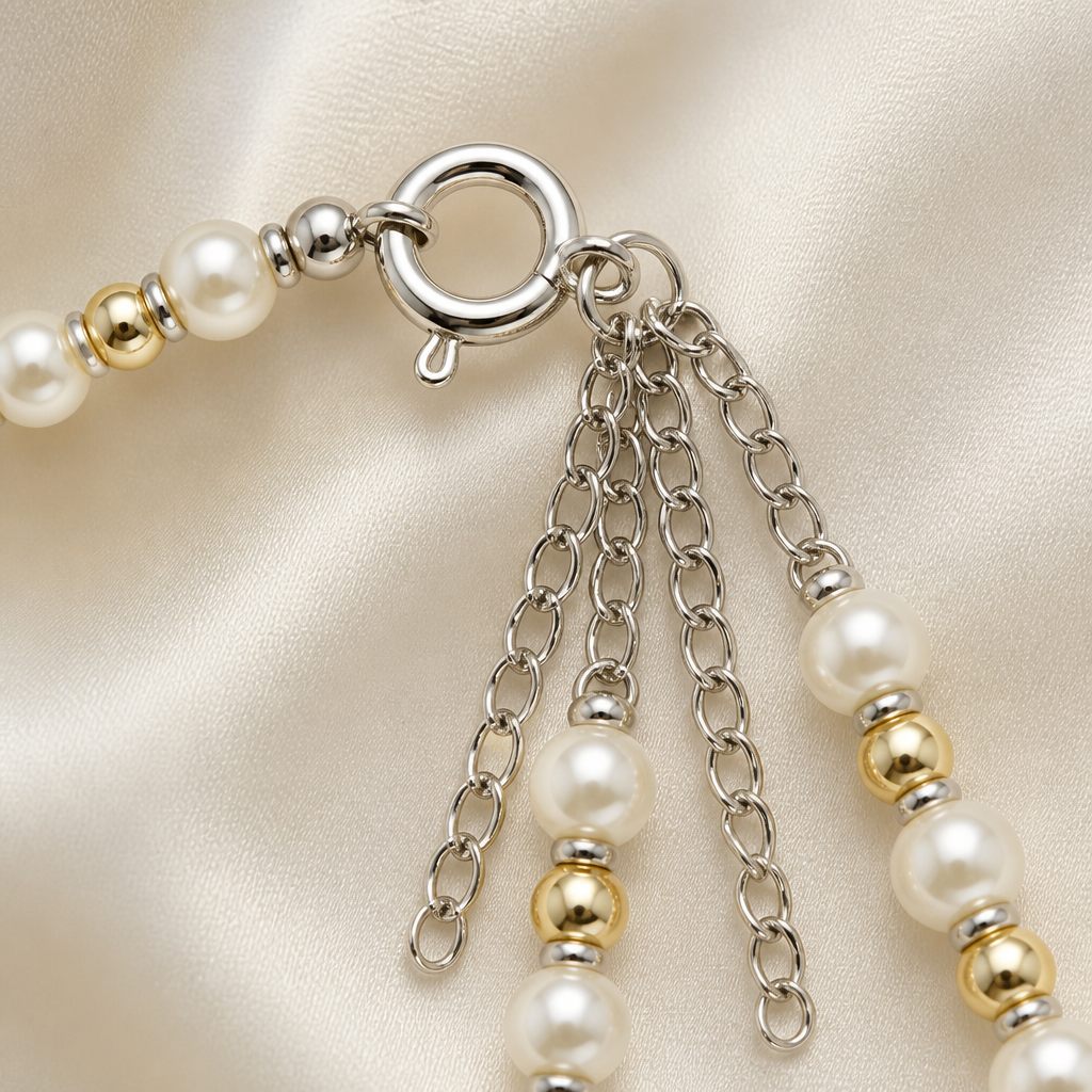 Set collana, bracciale e orecchini Perla d'avorio, bianco perla, oro, argento, foto 4 di 5