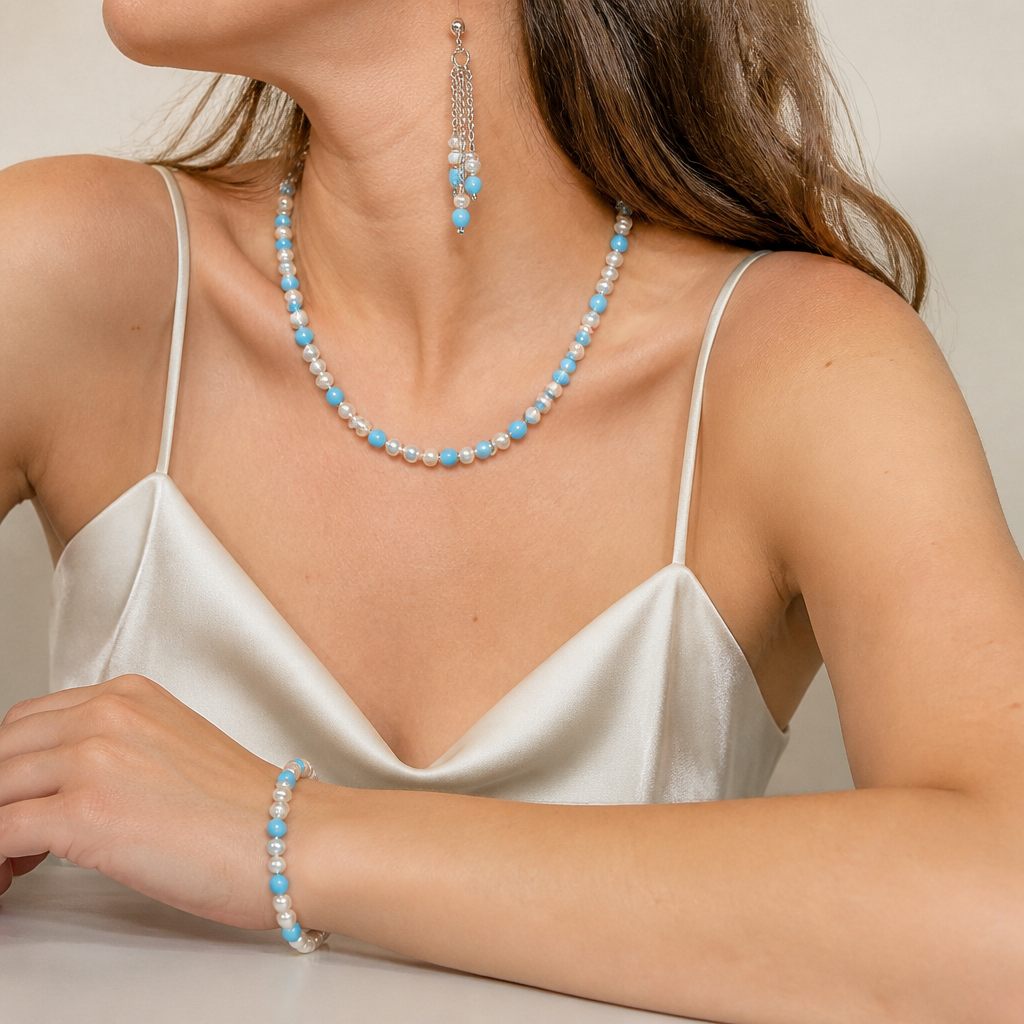 Set collana, bracciale e orecchini Perla e turchese, bianco perla, azzurro turchese, argento, foto 1 di 5