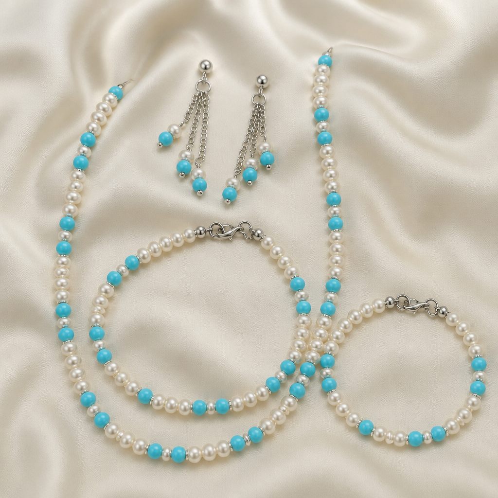 Set collana, bracciale e orecchini Perla e turchese, bianco perla, azzurro turchese, argento, foto 2 di 5