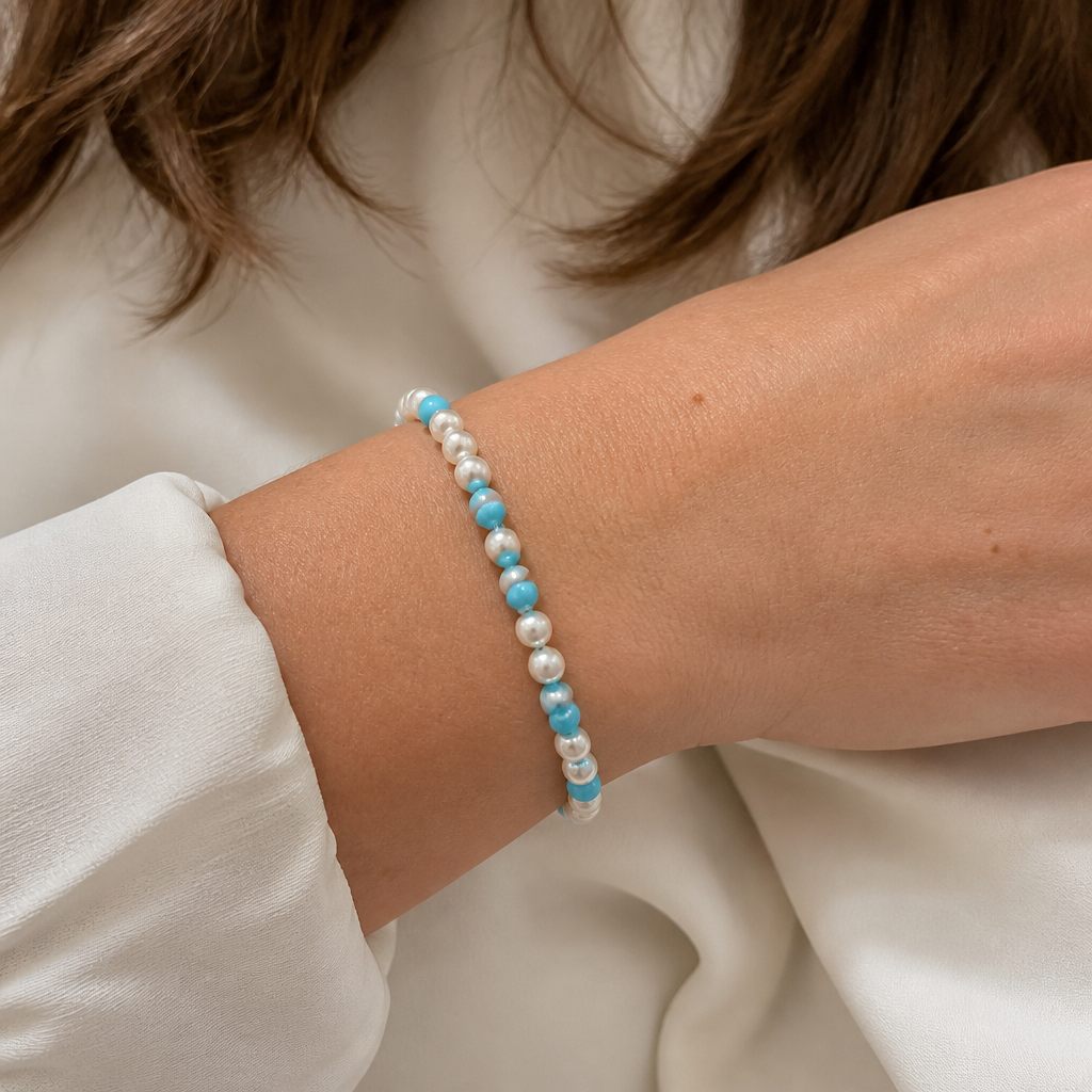 Set collana, bracciale e orecchini Perla e turchese, bianco perla, azzurro turchese, argento, foto 5 di 5