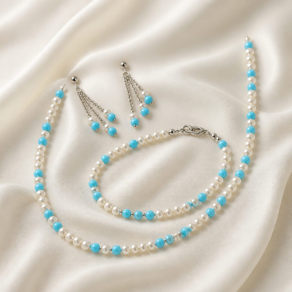 Set collana, bracciale e orecchini Cielo di perle, bianco perla, azzurro, argento, foto 2 di 5