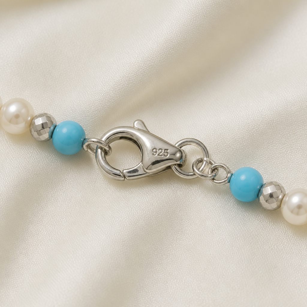 Set collana, bracciale e orecchini Cielo di perle, bianco perla, azzurro, argento, foto 4 di 5