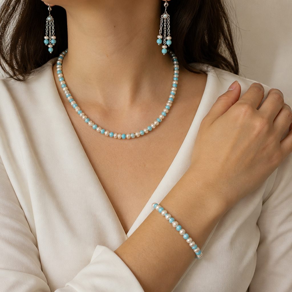 Set collana, bracciale e orecchini Brezza d'estate, bianco perla, azzurro, argento, foto 1 di 5